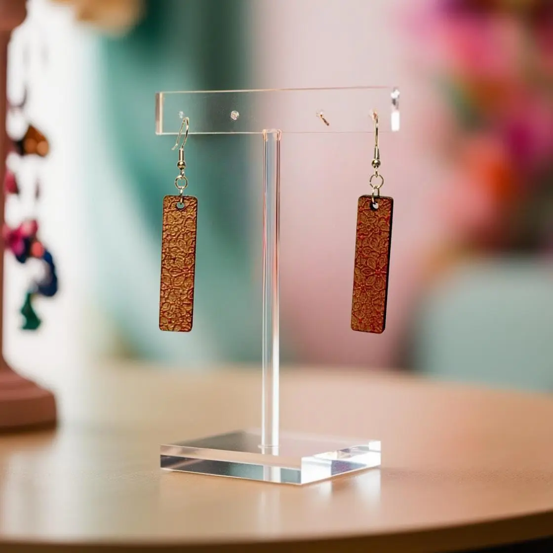 Brown and Pink Rectangle Bohemian Plant Lady Floral Flowers Leaves Leaf Earrings Laser Cut Handpainted Dangle