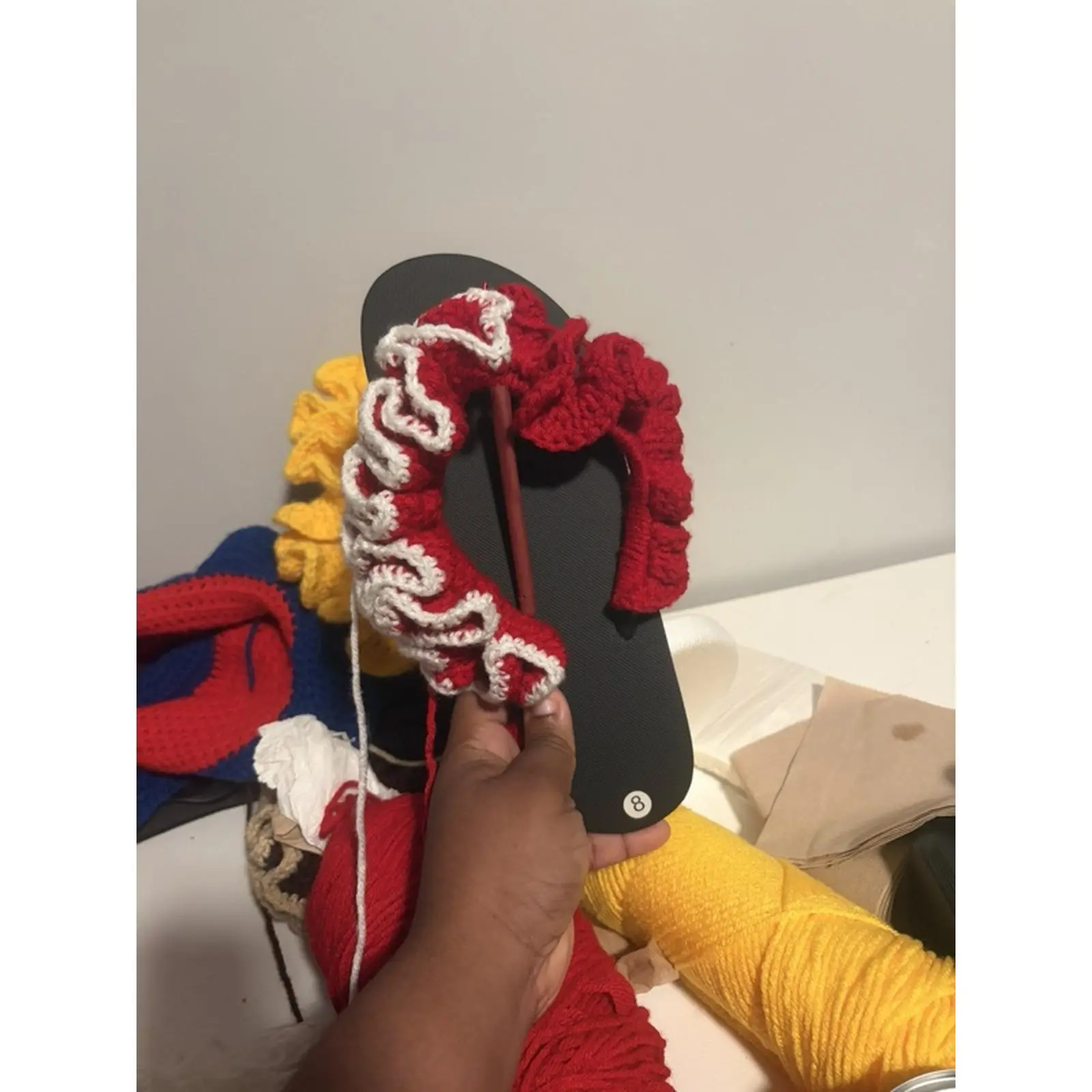 White and Red Crochet Sandals with Ruffled Design and Black Sole