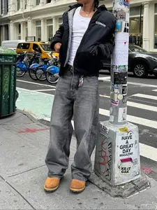 Straight Leg Denim Jeans Cotton Slant Pockets Washed Jean, Casual Streetwear Versatile Wide Leg Jeans, Couple Matching Straight Fit Loose Fit