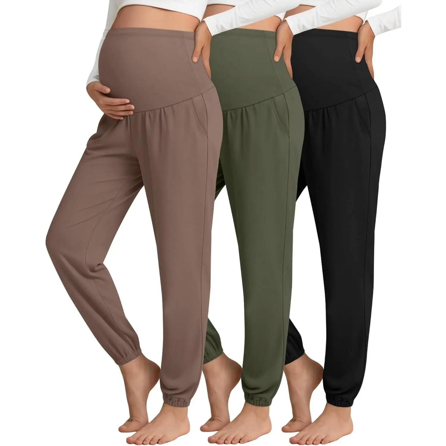 Women's Maternity Jogger Pants, 3 Pack Plain Stretchy Over The Belly Pregnancy Bottoms with Pockets, Jogger Sweatpants, Gray Blue, Camel, Black, Full Length, Casual Joggers