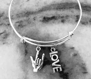 ASL American Sign Language and Love Charm on Expandable Adjustable Wire Bangle Bracelet  Appreciation Gift