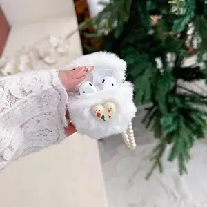 Plush White Heart Flower with Pendant AirPods Case, Protective Cover Compatible with AirPods 1/2/3/4/Pro/Pro 2