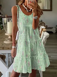 New Vacation Dress Casual Fashion Bohemian Boho Casual wear Floral Print Loose Round Neck Sleeveless Mid-Length Dress, Women's Summer Clothing Womenswear
