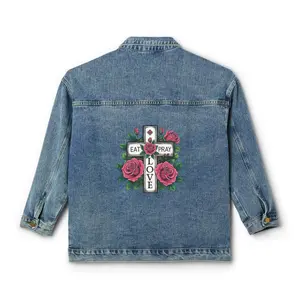 Christian Eat, Pray, Love Floral Denim Jacket, Vintage Women's Outerwear, Casual Style Gift, Spring Fashion, Inspiration, Boho Chic