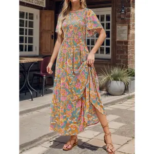 Ladies Round Neck Flared Sleeve Pleated Printed Dress Summer Floral