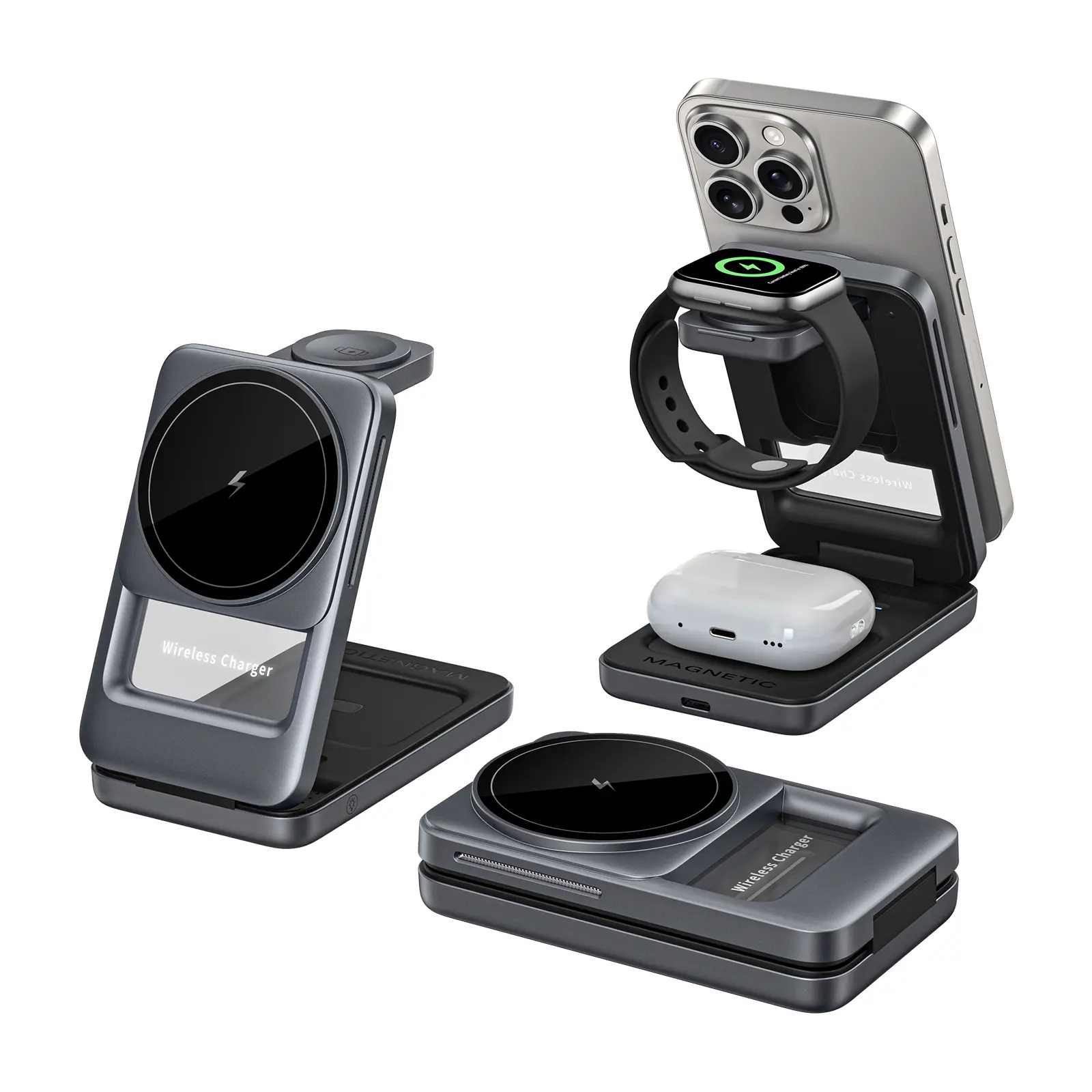 3 in 1 Magnetic Charging Design Wireless Charging Station Mag-safe Charger Stand Magnetic Charger Dock 15W for iPhone 16 15 14 13 12 Series, For iwatch 3- 10 SE/Ultra, For Air  2-4 Pro, Space-saving, Exquisite Gift