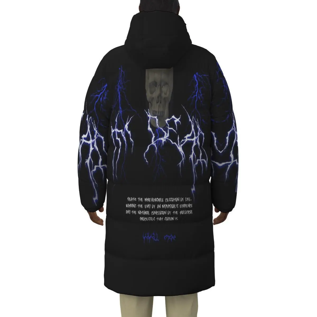 Men's Long Down Jacket with 'I'M DEAD' Print - Clothing