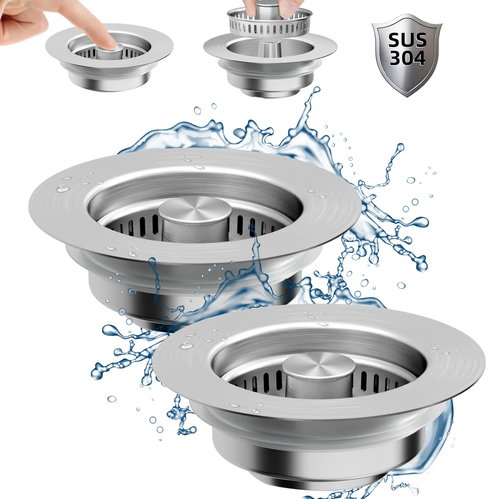 Kitchen Sink Drain Strainer 3 in 1 304 Stainless Steel Pop-UpSink Stopper with Filter Basket, Anti-Clogging Function,Tool-Free Installation
