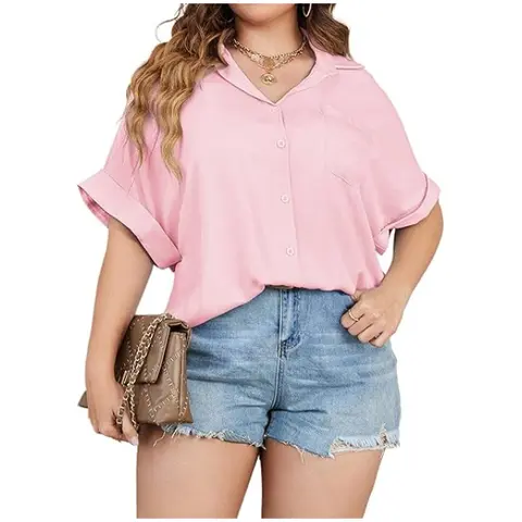IN'VOLAND Women's Plus Size 16w Casual V-Neck Button-Down Blouse - Loose-Fit Short-Sleeve, Soft Lightweight Rayon Blend, Front Pocket, Comfortable Easy Blouse for Work/Errands/Travel, Outdoor Style