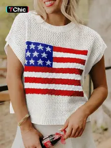 Summer Casual Loose Fit American Flag Print Short Sleeve Knit Sweater, Thin Pullover, Comfortable and Stylish, Perfect for Daily Wear