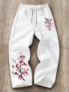 Aesthetic Cherry Blossom Graphic Baggy Sweatpants - High Waisted Loose Fit Wide Leg Trousers with Adjustable Drawstring for Comfy Casual Street Style & Aesthetic Loungewear
