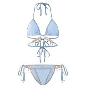 Women's Mermaid Chain Link Bikini, European American Trendy Triangle Cut 3 Piece Swimsuit, Straps Design Sexy Beach Bathing Suit for Instagram