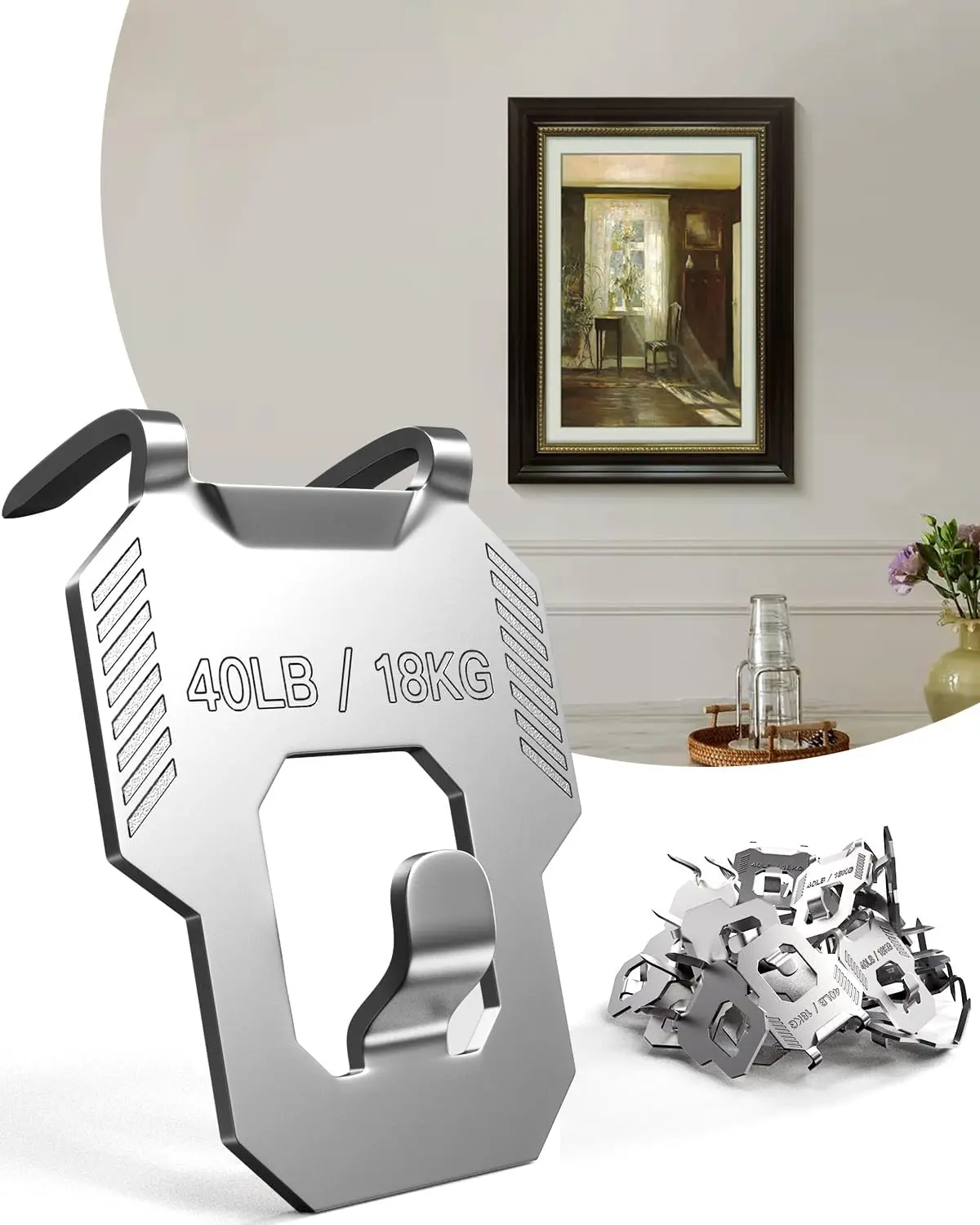 20-Hook Steel Claw Drywall Picture Hanger Kit - Sturdy Tool-Free Wall Hanging Hooks, Holds Up to 40Lbs, Hangable for Office Room Decor, Hangs Picture, Mirror, Poster, Artwork, Banner