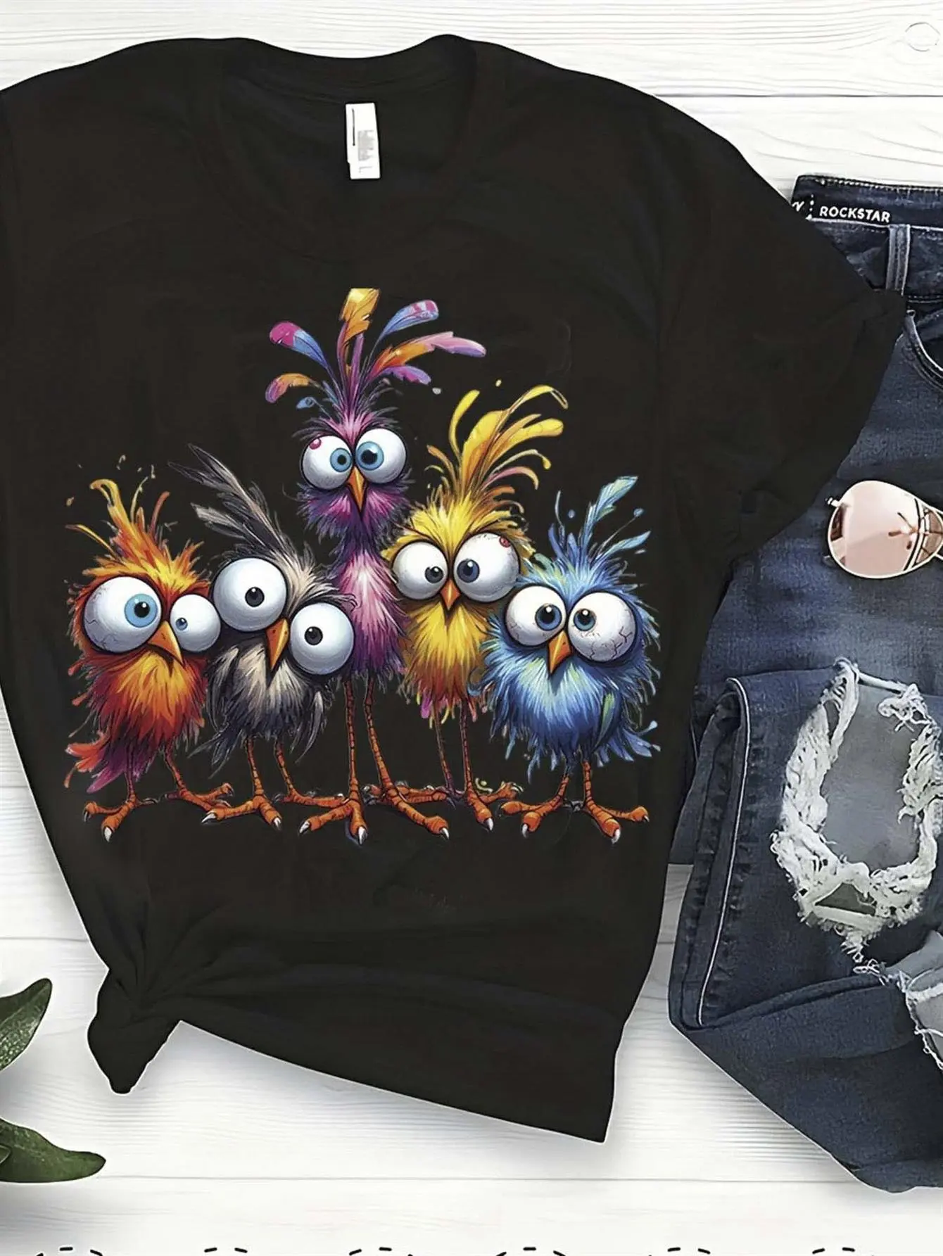 Colorful Cartoon Birds Graphic T Shirt 180g 100 Co unisex soft cotton short sleeve t shirt, vintage graphic casual tee for men women teens, perfect birthday holiday gift for camping travel gym daily street  wear