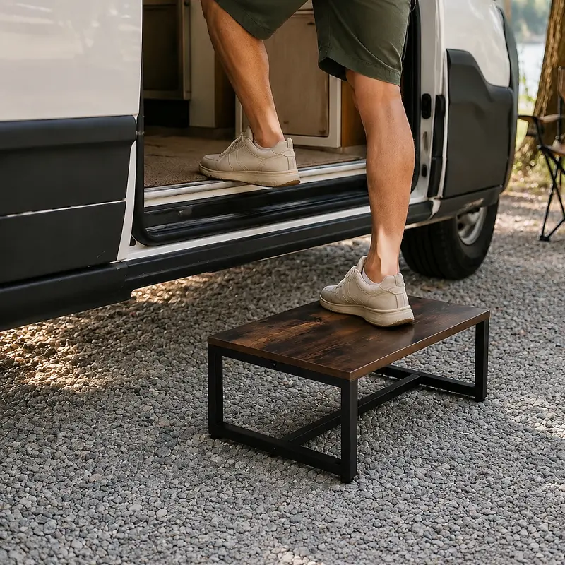 Portable Step Stool for Van Camping - Durable Wood & Metal Design - Perfect for Easy Access & Comfortable Step-Up