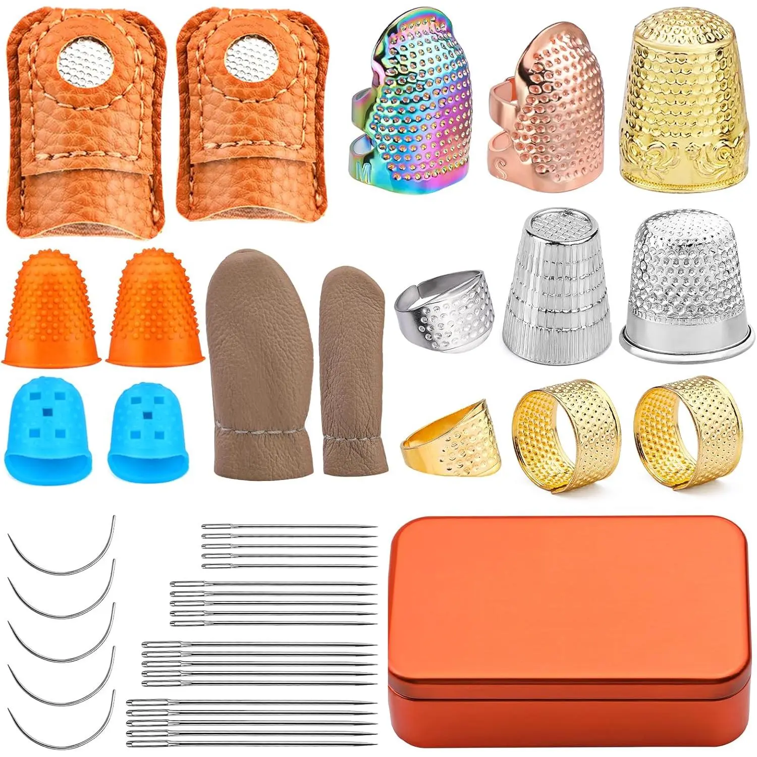 Sewing Thimble Set with Storage Box - Includes Sewing Big Eye , Finger Protector & Adjustable Finger Guard - Quality Metal Copper Thimble - Ideal Sewing Tools for DIY Projects