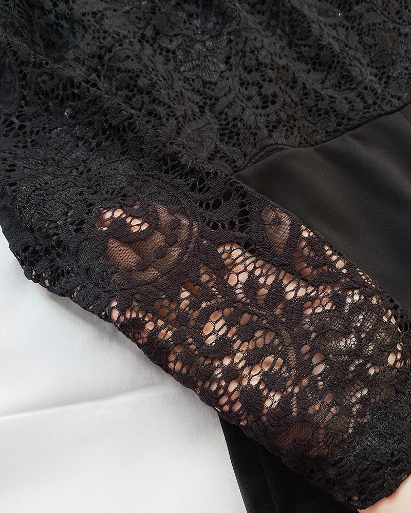 ChicMe Women's Off Shoulder Long Sleeve Eyelash Lace Patch Slim Fit Jumpsuit Tied Detail Casual Overalls Elegant Black Fitted