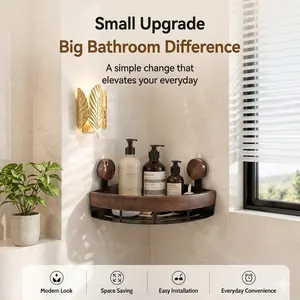 Modern Wood Accent Corner Shower Shelf – No Drill Bathroom Organizer for Aesthetic Bathrooms