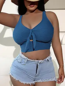 Women's Plus Size Solid Color Front Tie Bikini Swimsuit Top, Perfect for Beaches and Pools, Summer Sporty Style, Tight-Fitting A-Type Silhouette