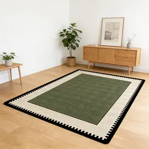 Olive green serrated edge rectangular carpet, green black velvet floor mat, Modern indoor rug, Household decorative rug, living room anti-slip wear-resistant foot mat, retro decorative mat ins/antique style home decoration