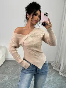Off Shoulder Soft Stretchy Ribbed Sweater, FITS SMALL, Size Up! Wrap Asymmetrical Elegant Top, High-Stretchy Materia