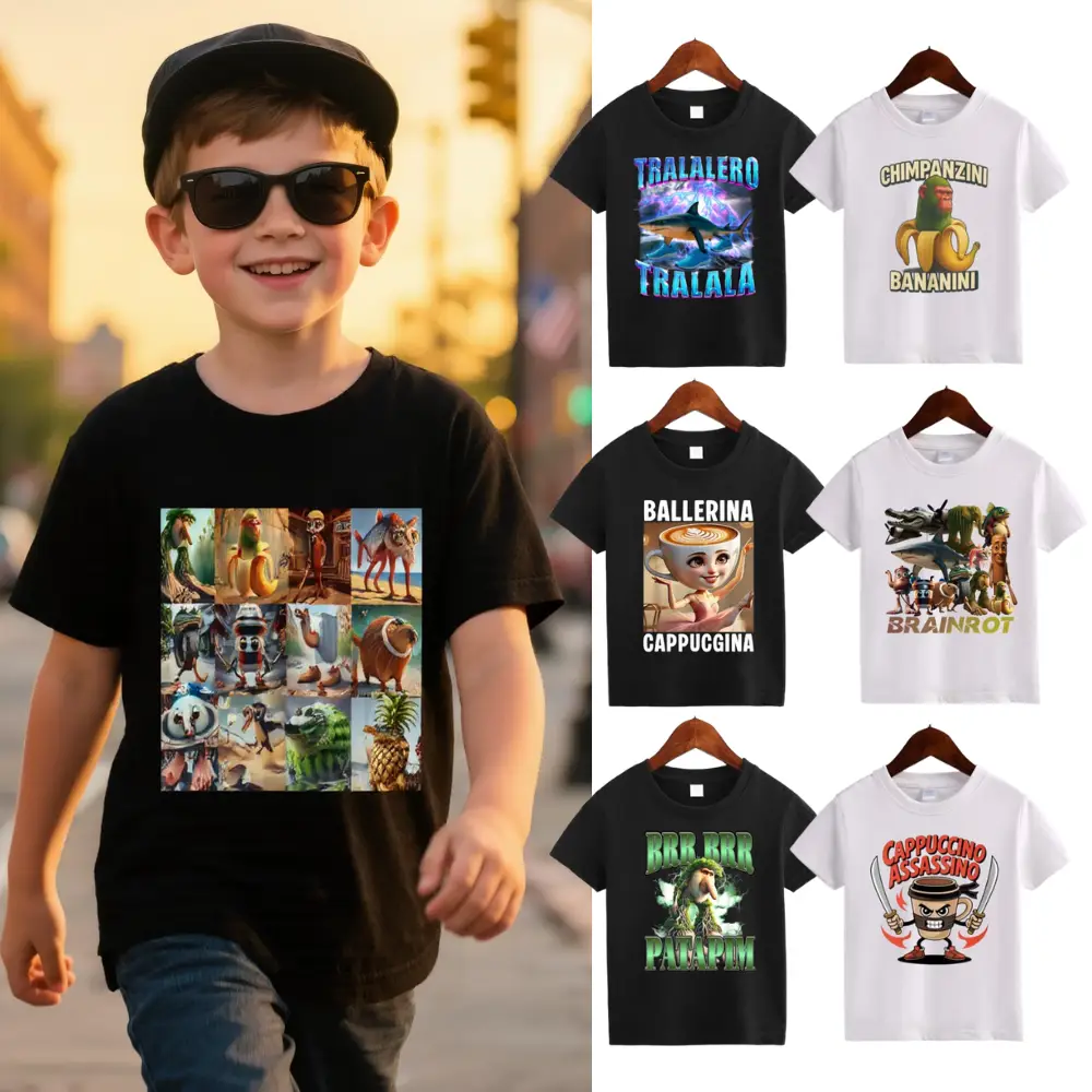 Italian Brainrot Meme Character Hand Drawn for Kids T-Shirt Toddler Boy Funny T-Shirt with Various Designs Including Ballerina Cappuccino and Chimpanz