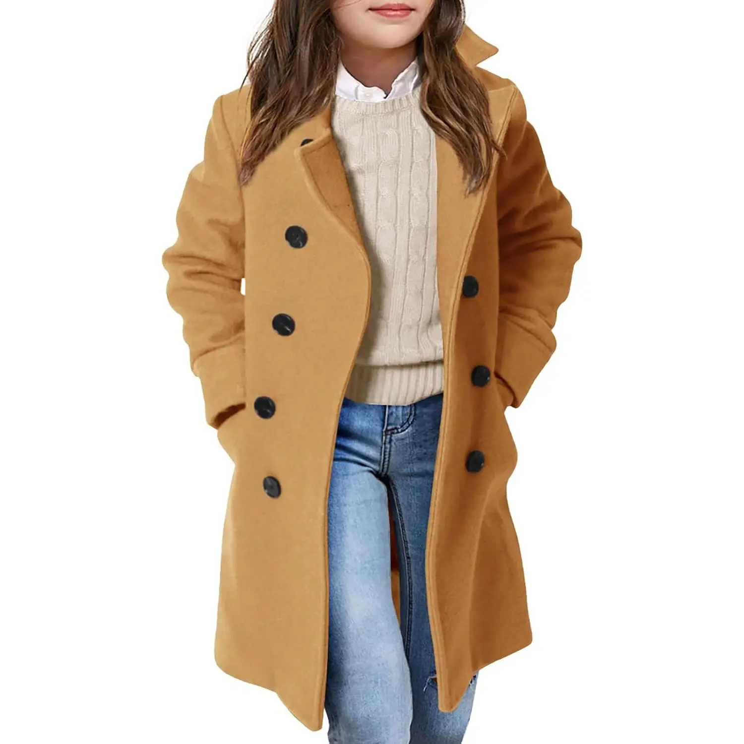 Haloumoning Girls Double Breasted Trench Coat Kids Notch Lapel Long Peacoat with Pockets 5-14 Years