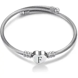 Heart Initial Letter A to Z Cuff Bangle Bracelets for Women Personalized Alphabet Name Stainless Steel