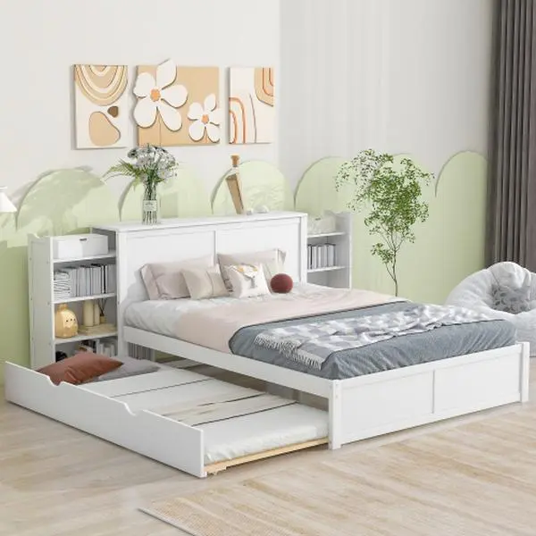 Queen Storage Bed with Bookcase Headboard and Twin XL Size Trundle, Queen Size Wood Platform Bed Frame for Teens Adults, No Box Spring Needed, Easy Assembly (White)