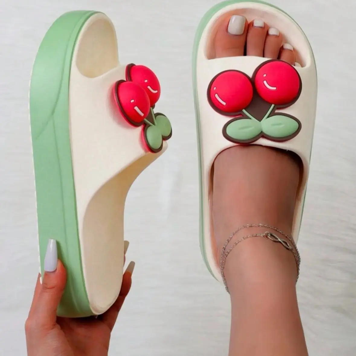 New Summer Bohemian-Style Beach Sandals With Cherry Buckle Design. Non-Slip Waterproof EVA Sole With Thick Round Toe Cherry-Shaped Flat Slipper. Suitable For Indoor And Outdoor, Home Use.