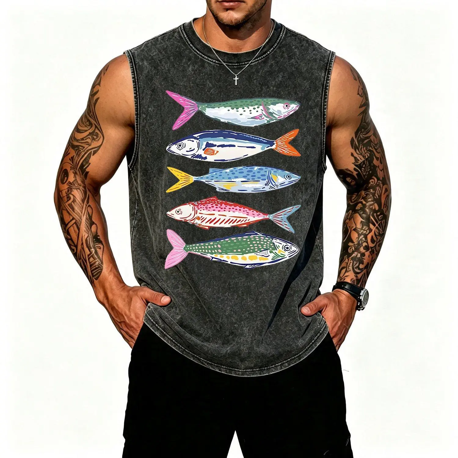 Colorful Fish Vests Maximalist Pop Art Sardine Style Vests Unique Graphic Design Statement Vest Outerwear for Trendsetters