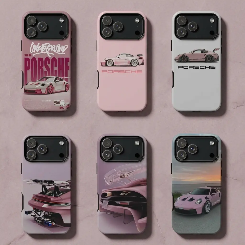 Pink Porsche Automotive Aesthetic Phone Case for iPhone 17,16,15,14,13,12,11 & Samsung S23–S26, Girly Sports Car Phonecase Gift