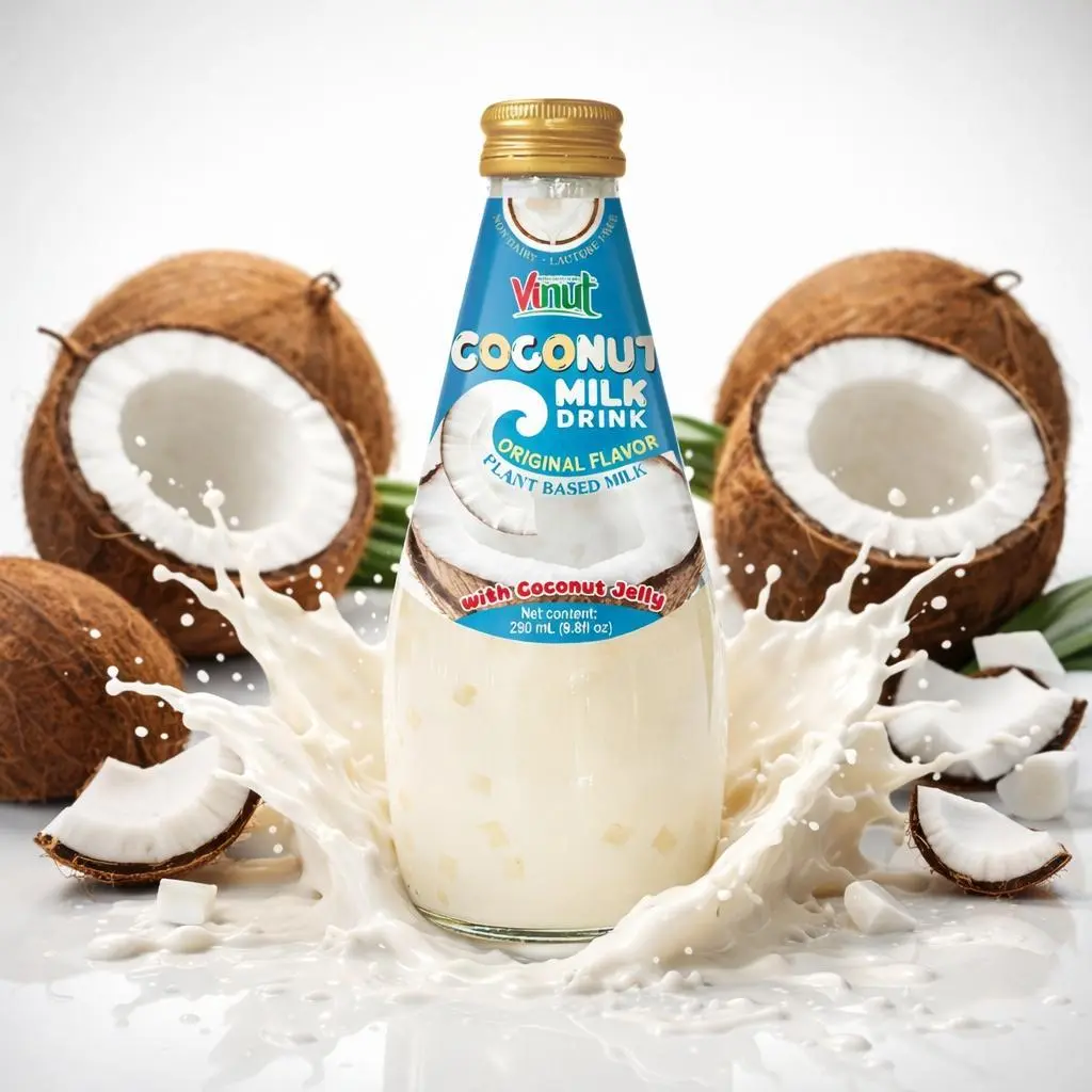 Vinut Coconut Milk Drink Original Flavor with Coconut Jelly Plant Based Non-Dairy Lactose Free 290ml Glass Bottle Pack of 6 12 or 24 Refreshing Beverage - Juice