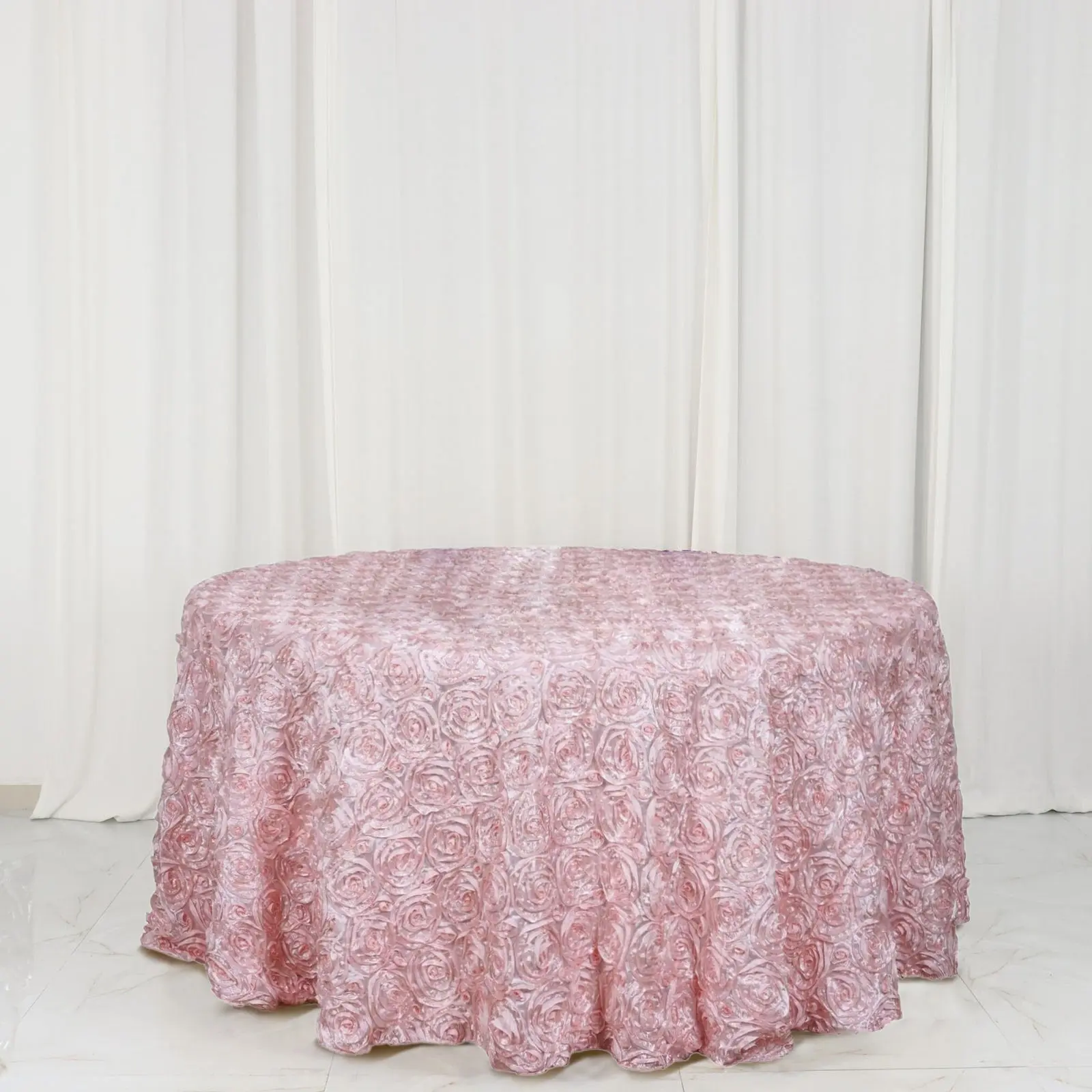120" Blush Pink Satin Round Tablecloth - Grandiose 3D Rosette Table Cover for Bridal Weddings, Parties, Anniversaries, Baby Showers, Dessert Tables