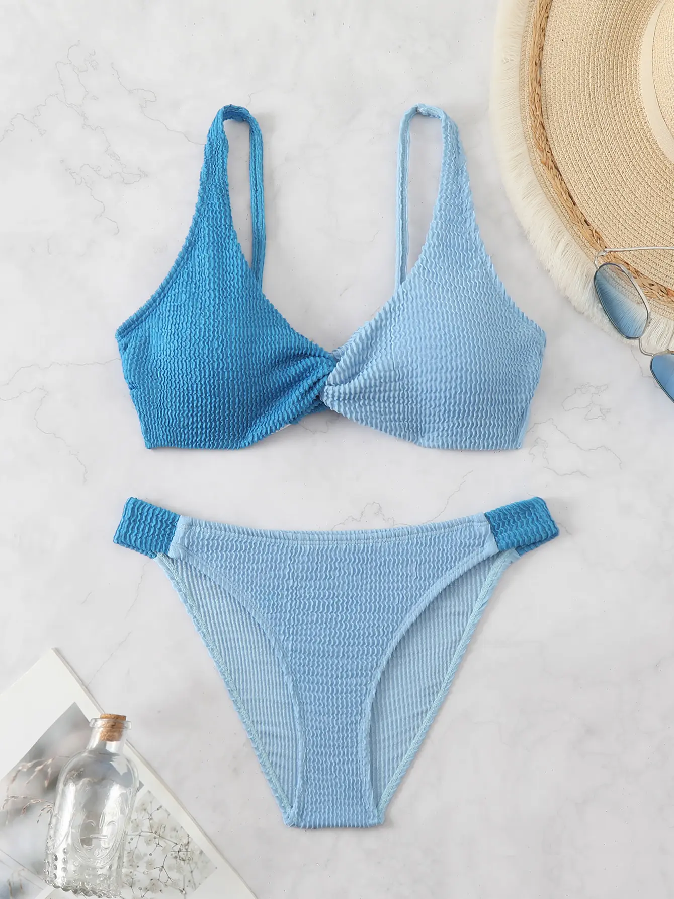 Women's Light Blue Textured Bikini Set, Two Piece Bralette Swimsuit with Adjustable Shoulder Straps, High Cut Cheeky Bikini Bottom, Stretch Crinkle Swimwear for Beach, Vacation, Resort, Cruise, Pool and Summer Holiday