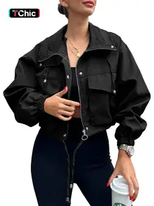 Women's Solid Zip Up Drawstring Hem Adjustable Jacket Coats, Casual Long Sleeve Collared Outerwear for Spring & Fall, Ladies Clothes for Daily Wear