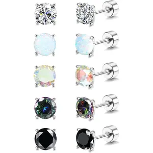 YADOCA 5 Pairs 925 Sterling Silver Stud Earrings for Women 20G Flat Back Earrings Helix Cartilage Earrings Cubic Zirconia Opal Earrings Comfort Back Sleep Post Earrings Hypoallergenic