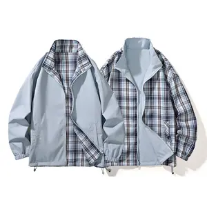 Double sided men's jacket early spring and autumn American retro plaid trendy brand loose couple stand up collar clothes, small fragrant style jacket American classic double sided plaid jacket men's and women's Harrington lapel trench coat short jacket
