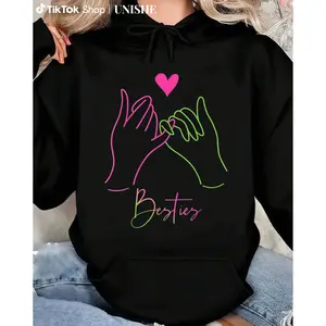 100% Unisex Bestie Heart Hands Hoodie – Casual Long Sleeve Top for Women & Girls