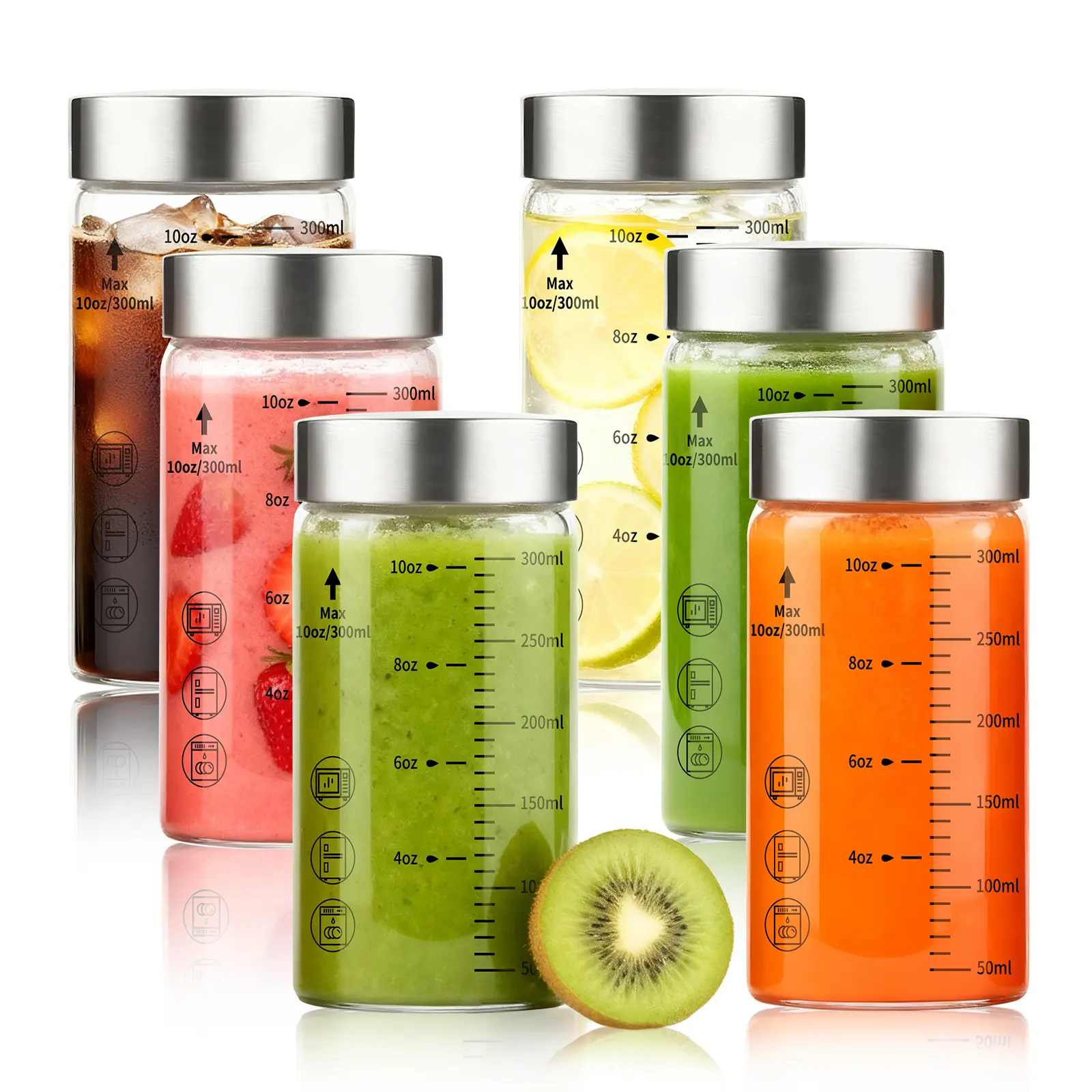 Glass Juice Bottles, Wide Mouth Reusable Clear Glass Water Bottles with Graduations 100% Leak Proof Stainless Steel Lids, BPA Free, Fits in Cup Holder Juice Containers