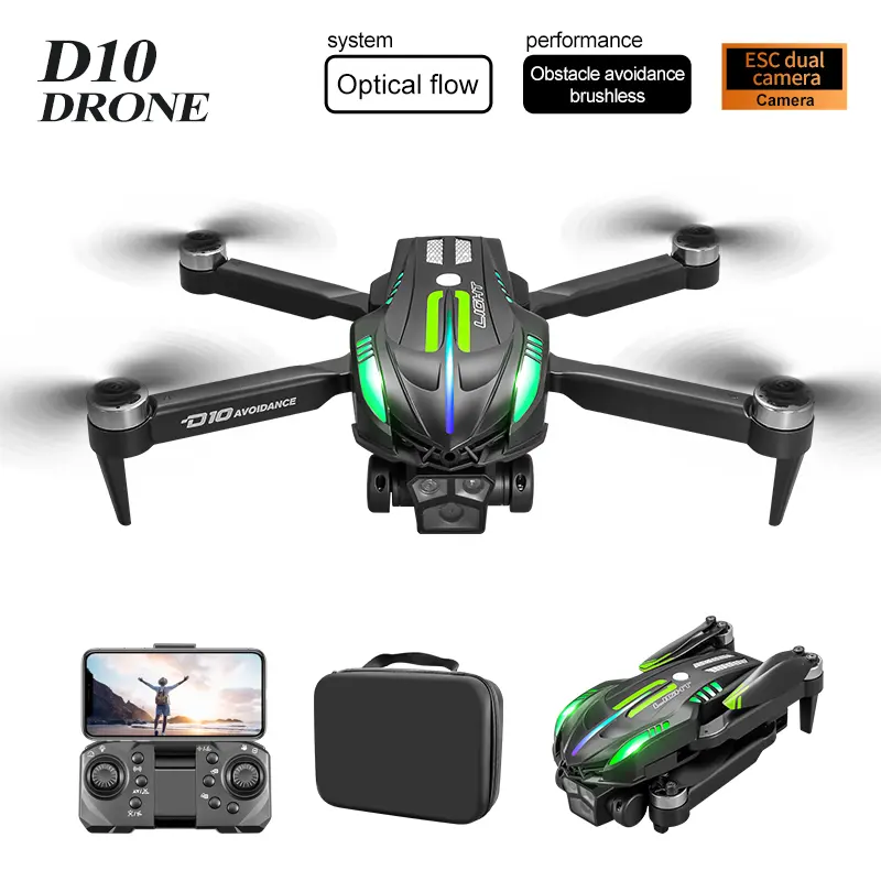 D10 high-definition dual camera drone, one click control, 2000mAh battery, gradient flowing light, obstacle avoidance on all sides, brushless motor, light flow electric adjustment is very suitable for aerial photography and beginners