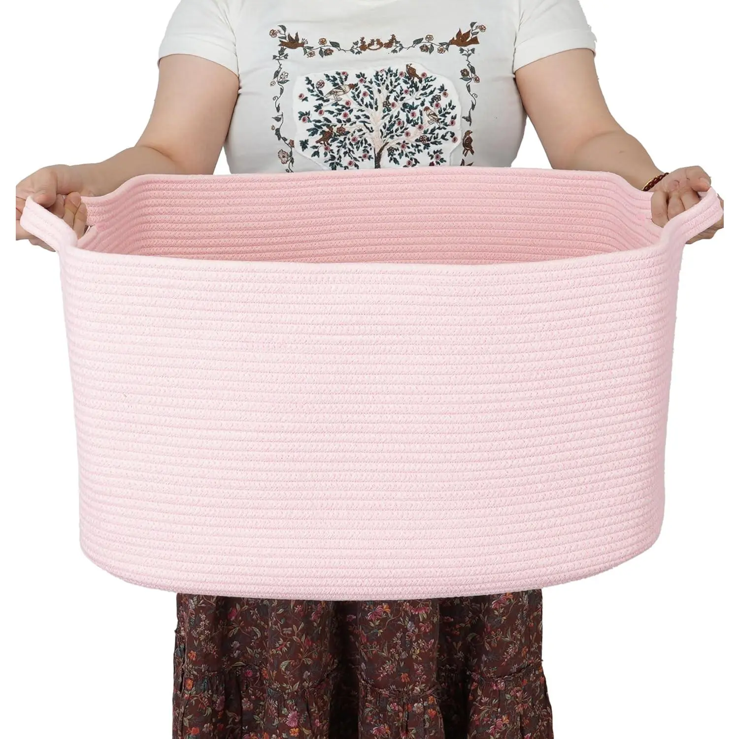 Large Rectangle Blankets Baskets 22"x17"x12" Toy Basket for Kids Woven Cotton Rope Storage Basket for Nursery - Wicker Laundry Baskets for Clothes Towels - Ideal for Living Room Storage pink