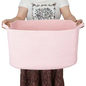 Large Rectangle Blankets Baskets 22"x17"x12" Toy Basket for Kids Woven Cotton Rope Storage Basket for Nursery - Wicker Laundry Baskets for Clothes Towels - Ideal for Living Room Storage pink