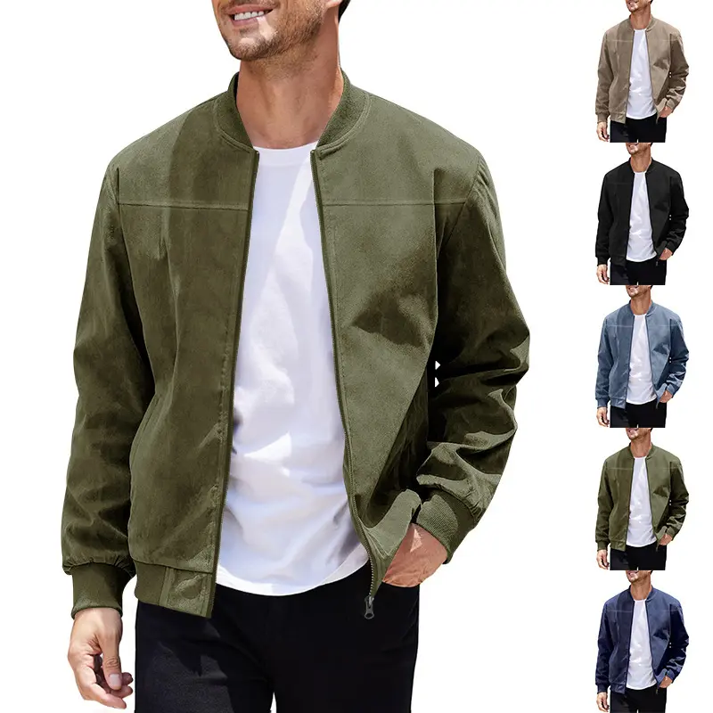 Men’s Solid-Color Suede Bomber Jacket - Menswear Coats with Baseball Collar, Full-Zip Closure, Long Sleeves, Ribbed Cuffs, Skin-Friendly Breathable Fabric, Ideal for Outdoor Walks, City Commuting, Versatile Casual Outerwear (Multiple Colors)