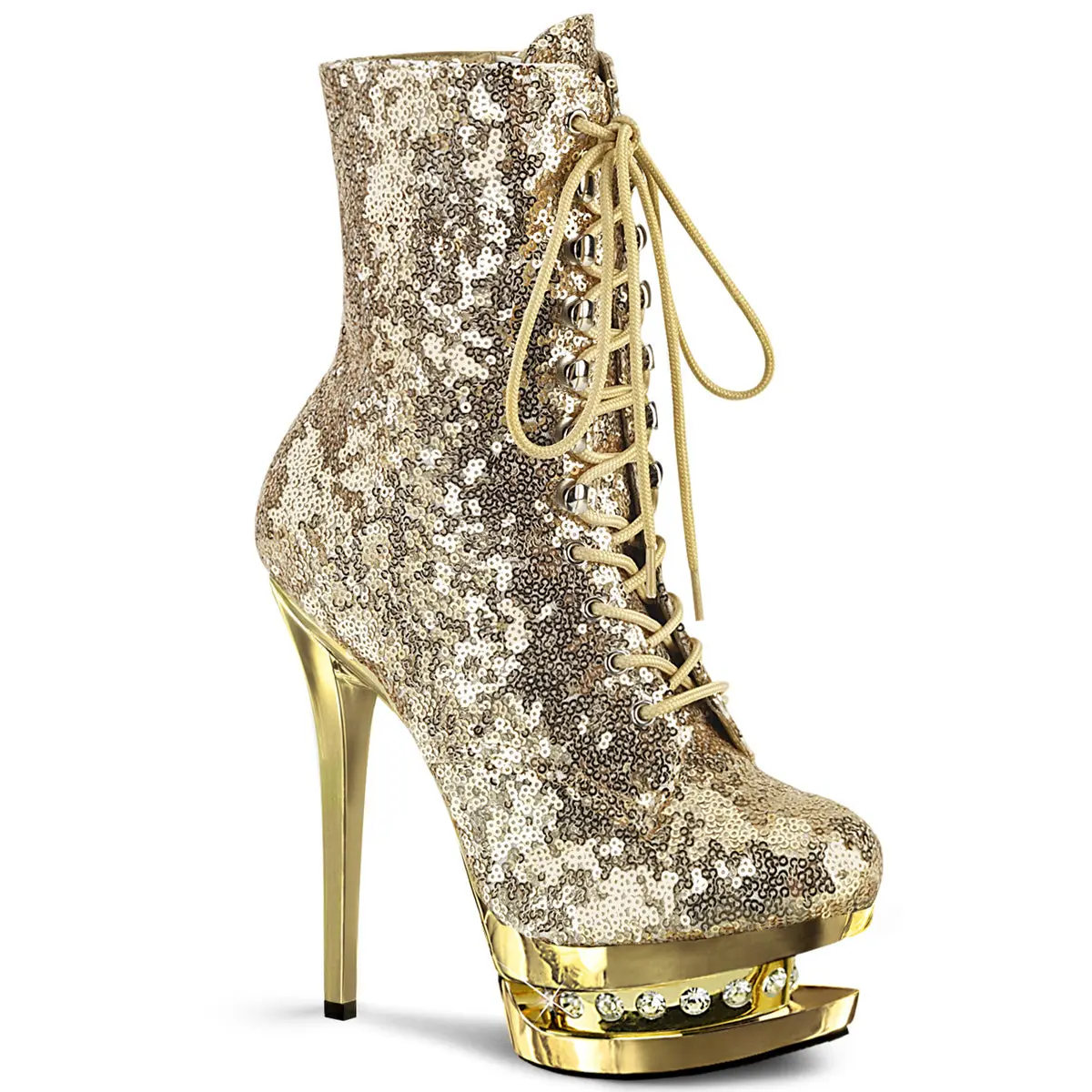 Women's BLONDIE-R-1020 6-Inch Heeled Lace-Up Platform Ankle Boot - Gold Sequins, Lace, Rhinestones, Zip Closure, Trendy Footwear, Ankle Length, Mid Platform Sole, Statement Shoes