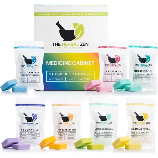 The Herbal Zen Shower Steamers Aromatherapy Tablets 14 Pack - 7 Pure Essential Oil Blends for Daily Relaxation and Wellness - Shower Bombs Gift Set for Women and Men
