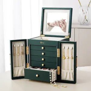 6-Tier Large Jewelry Box with Fan-Shaped Handle - Waterproof PU Leather Organizer with Built-in Mirror, Double-Sided Necklace Hooks & Velvet Lining for Rings, Earrings, Watches & Bracelets