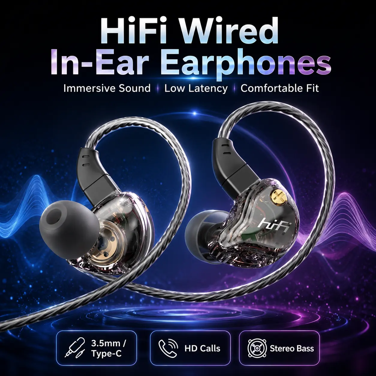 HiFi Wired In-Ear Headphones with Mic, 10mm Dynamic Driver, Stereo Bass, Noise Reduction, 3.5mm/Type-C Jack for Gaming, Calls