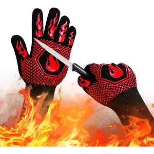 BBQ Fireproof Gloves, Grill Cut-Resistant Gloves 1472 °   F Heat Resistant Gloves, Non-Slip Silicone Oven Gloves, Kitchen Safe Cooking Gloves for Oven Mitts,Barbecue,Cooking, Frying,13.5 Inch-Red