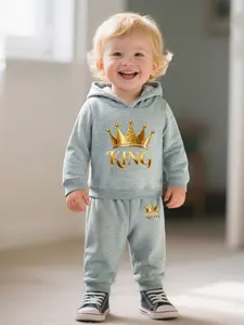 Cute Cartoon Crown Letter Hoodie for Baby Boys, Soft Knit Set, Winter Warm and Comfortable, Children Friendly, Fitted Style, Baby Clothing